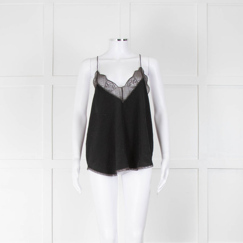 Zadig & Voltaire Black Silk Diamante Lace Trim Vest
