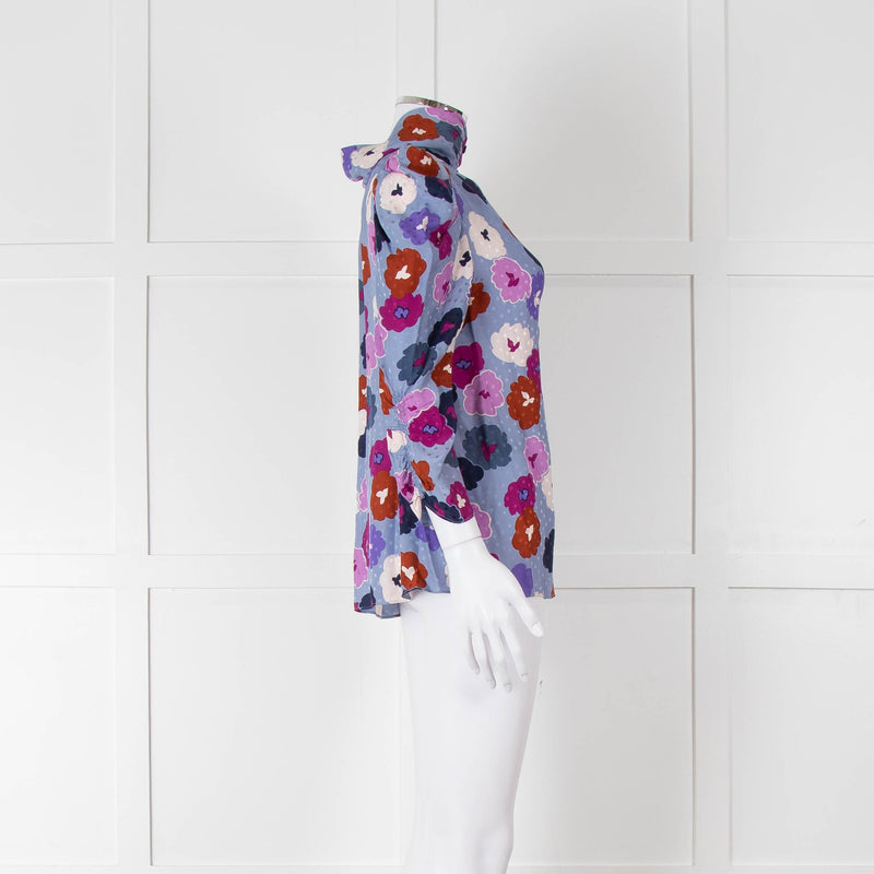 Kate Spade Blue, Orange, Purple and Navy Floral High Neck Blouse