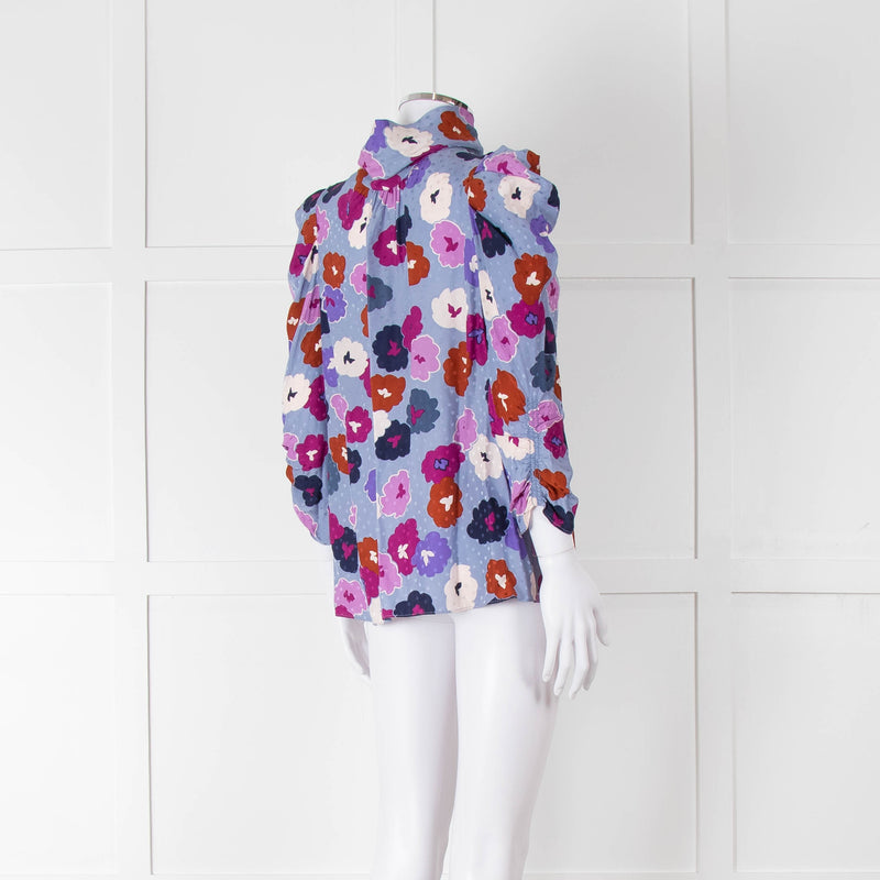 Kate Spade Blue, Orange, Purple and Navy Floral High Neck Blouse
