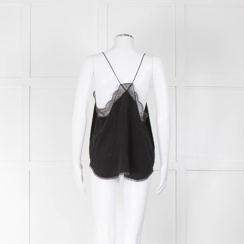 Zadig & Voltaire Black Silk Diamante Lace Trim Vest