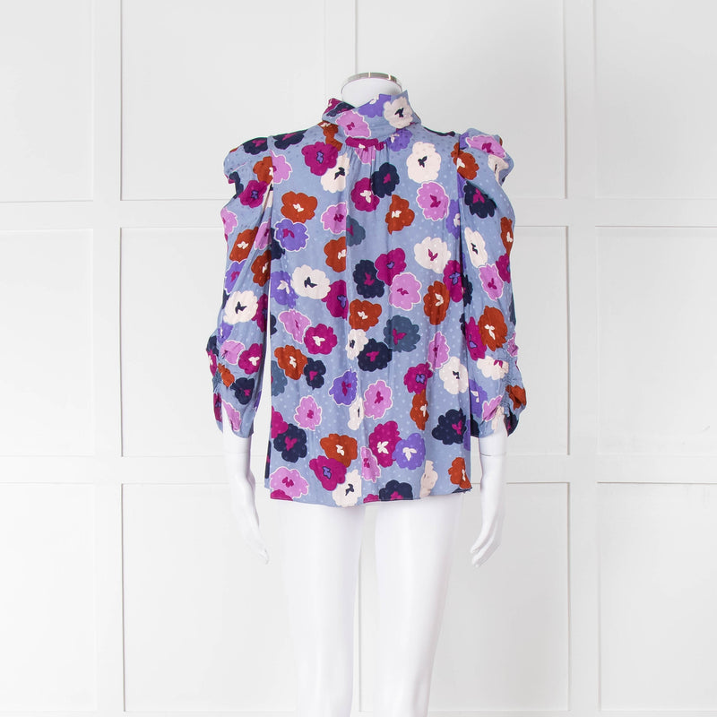 Kate Spade Blue, Orange, Purple and Navy Floral High Neck Blouse