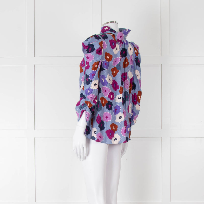 Kate Spade Blue, Orange, Purple and Navy Floral High Neck Blouse