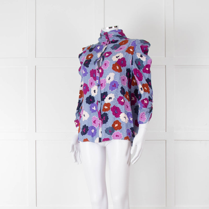 Kate Spade Blue, Orange, Purple and Navy Floral High Neck Blouse