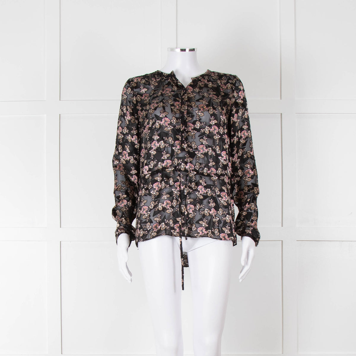 Rebecca Taylor Black Floral Devore Blouse with Drawstring Waist