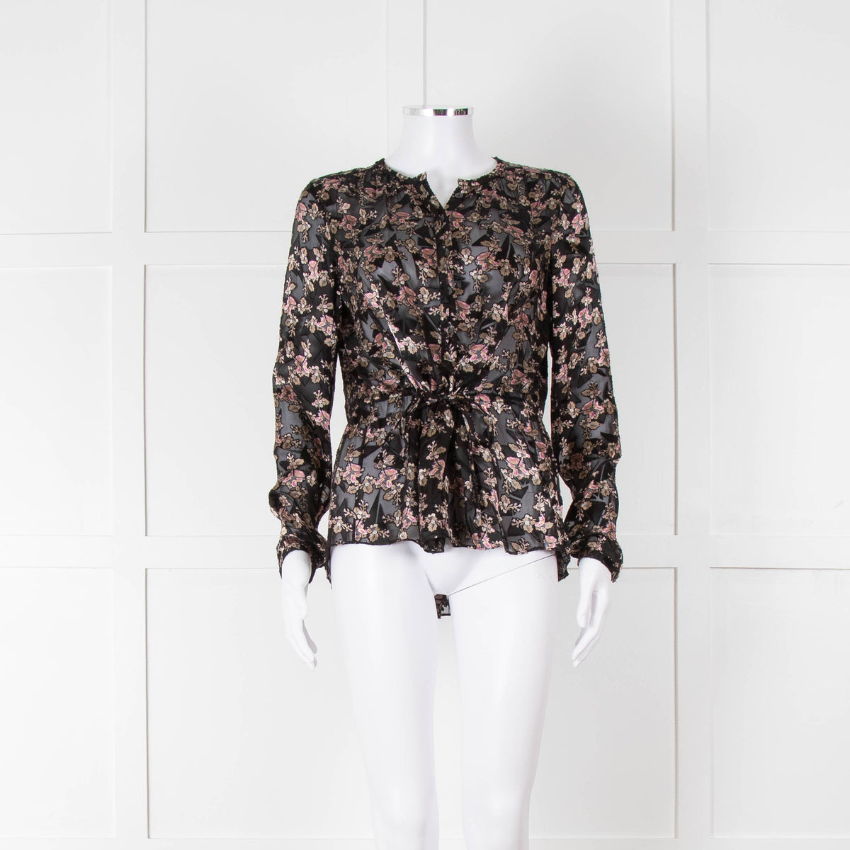 Rebecca Taylor Black Floral Devore Blouse with Drawstring Waist