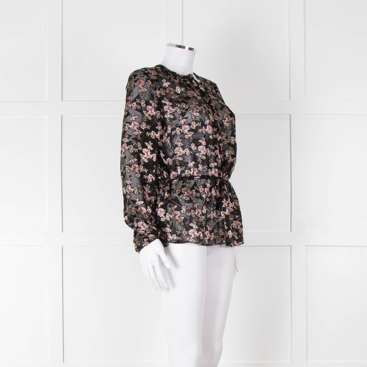 Rebecca Taylor Black Floral Devore Blouse with Drawstring Waist