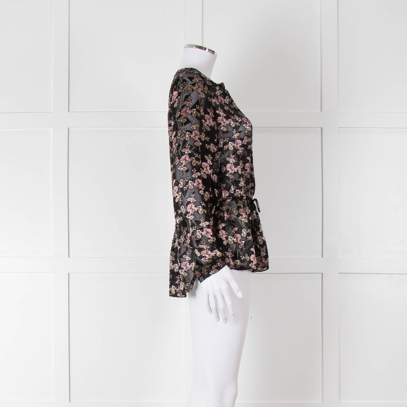 Rebecca Taylor Black Floral Devore Blouse with Drawstring Waist