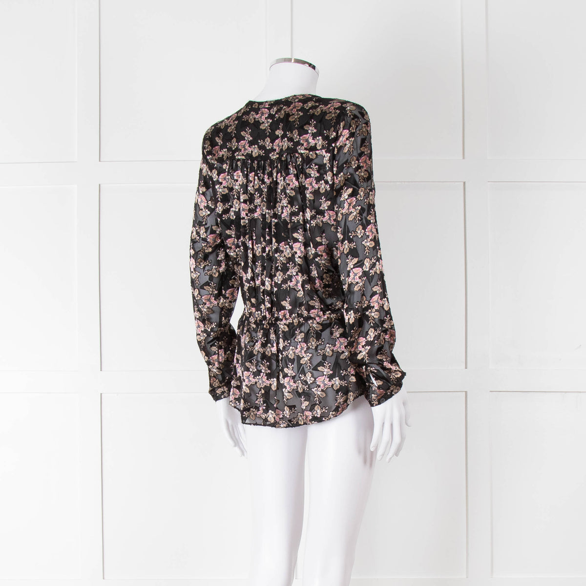 Rebecca Taylor Black Floral Devore Blouse with Drawstring Waist