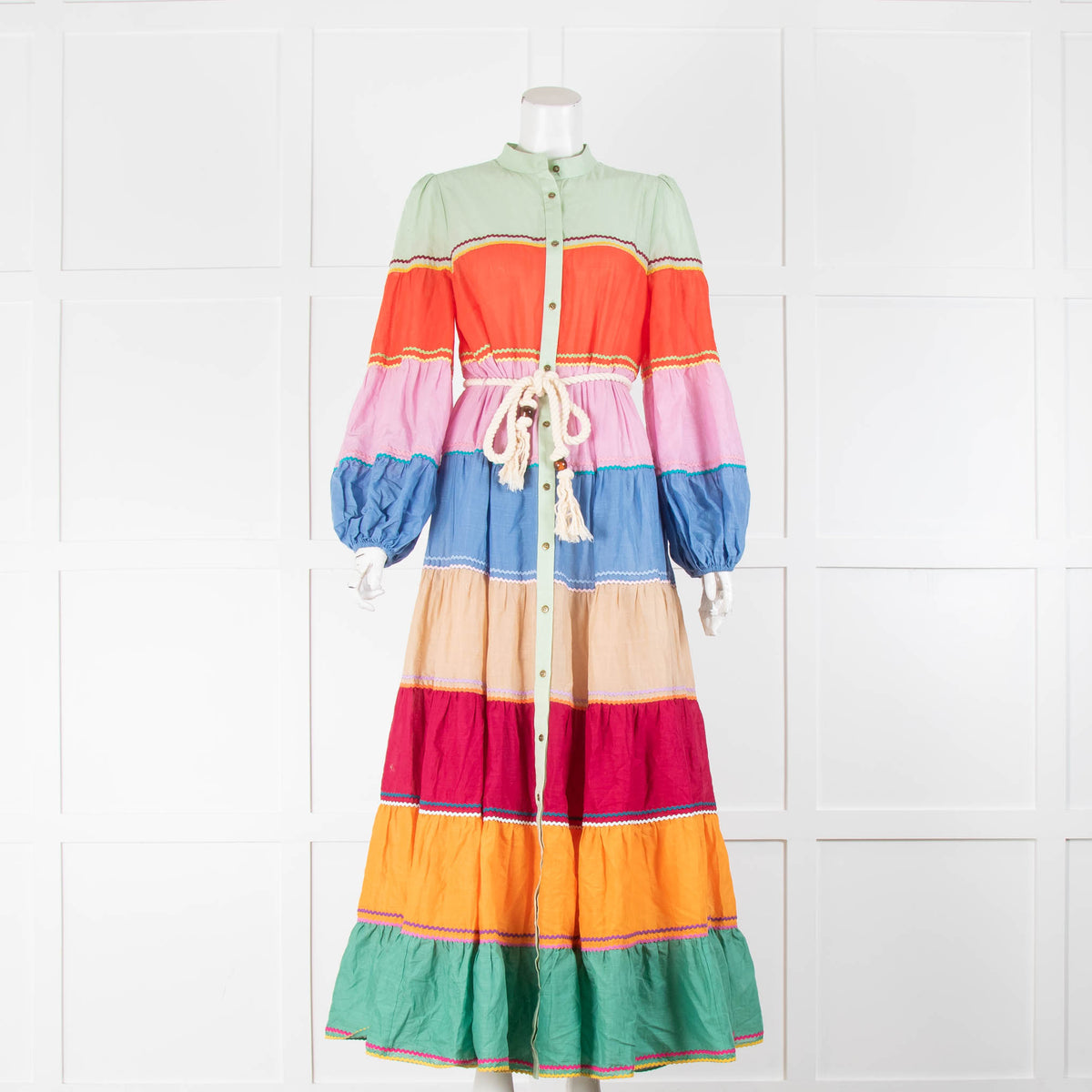 Zimmermann Multi Tiered Puff Sleeve Button Up Rope Belted Dress