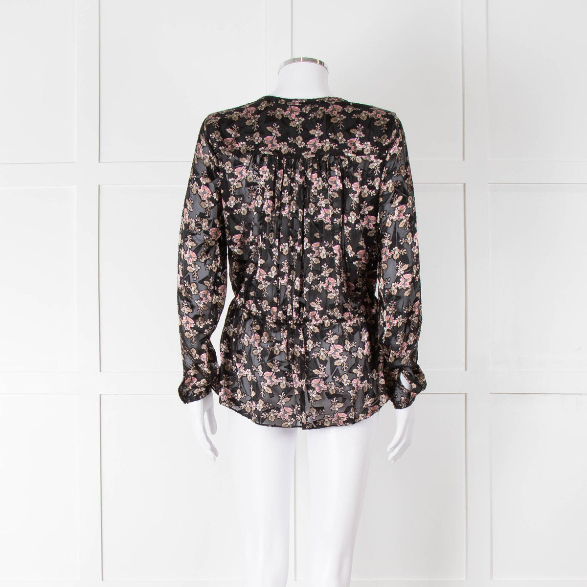 Rebecca Taylor Black Floral Devore Blouse with Drawstring Waist