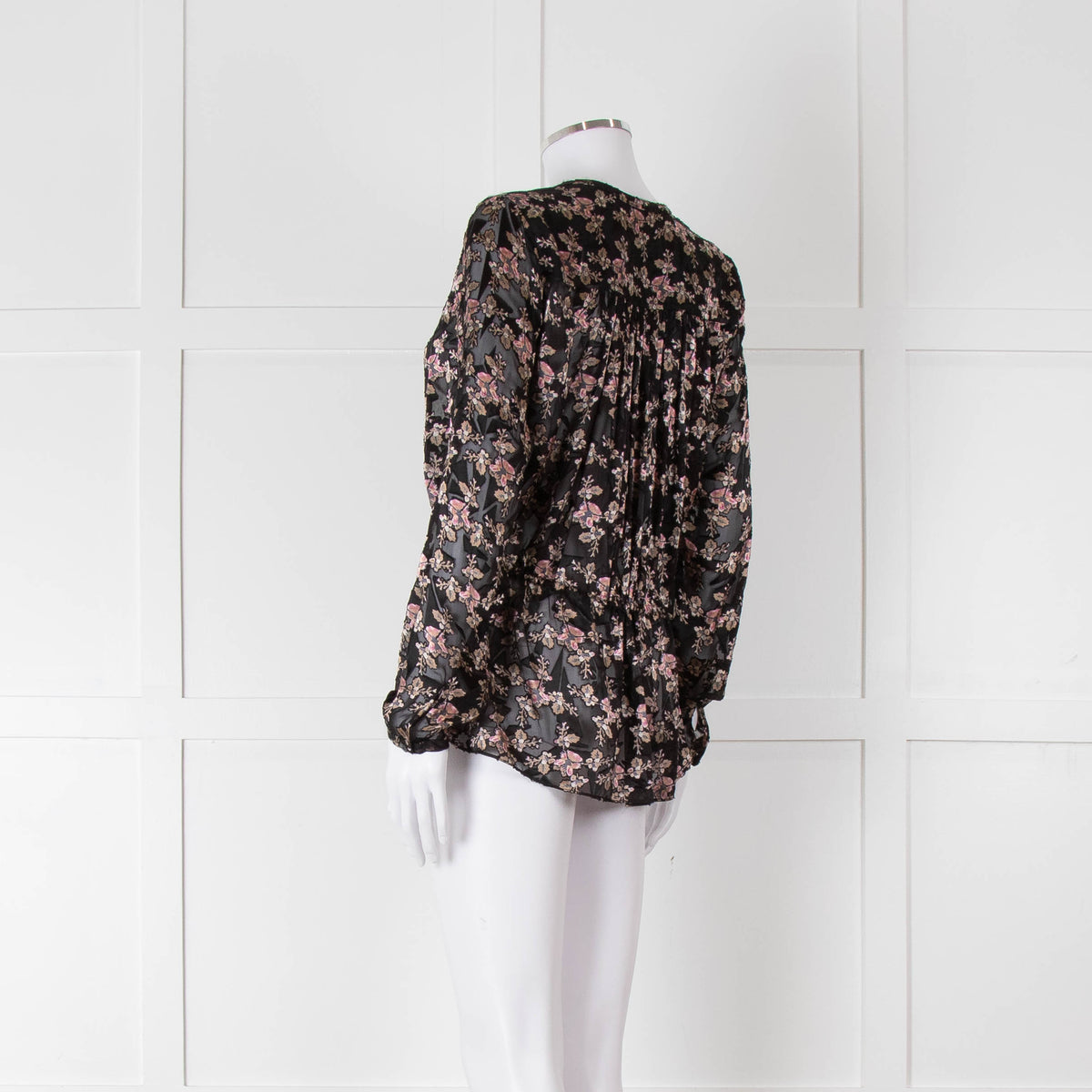 Rebecca Taylor Black Floral Devore Blouse with Drawstring Waist