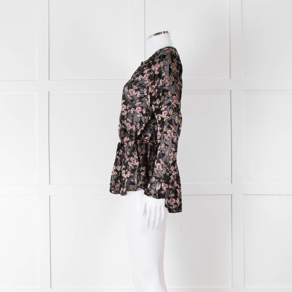 Rebecca Taylor Black Floral Devore Blouse with Drawstring Waist