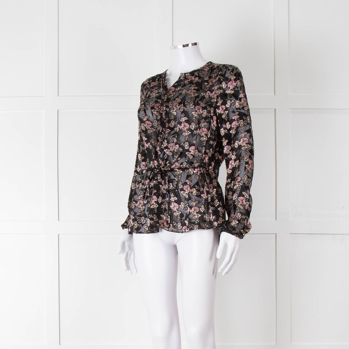 Rebecca Taylor Black Floral Devore Blouse with Drawstring Waist