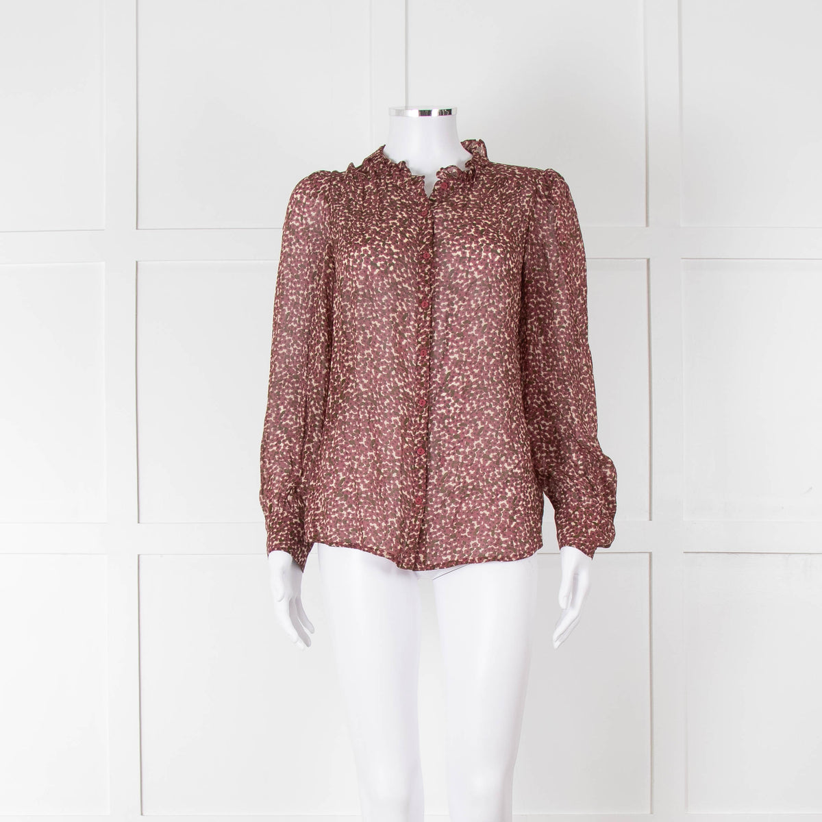 Ba&sh Green and Pink Frill Neck Sheer Blouse