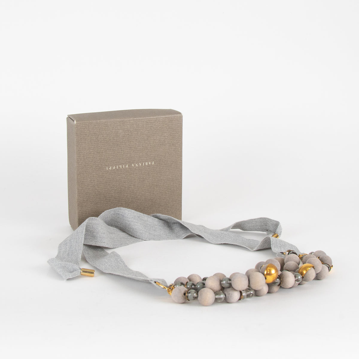 Fabiana Filippi Grey Wood Bead Necklace With Ribbon Tie