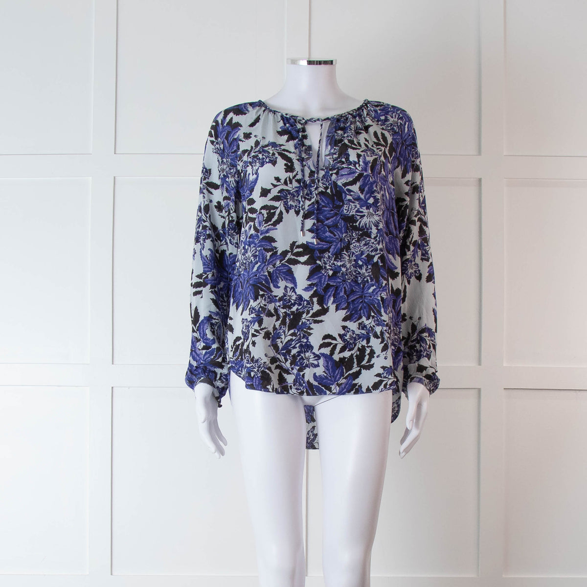 Rebecca Taylor Light Grey Blue Black Floral Print Silk Top