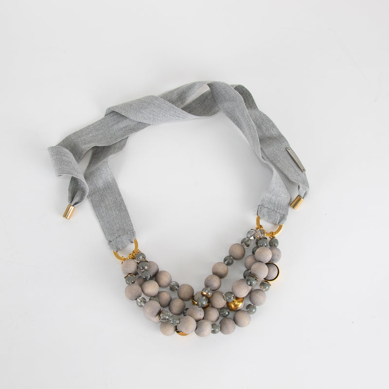 Fabiana Filippi Grey Wood Bead Necklace With Ribbon Tie
