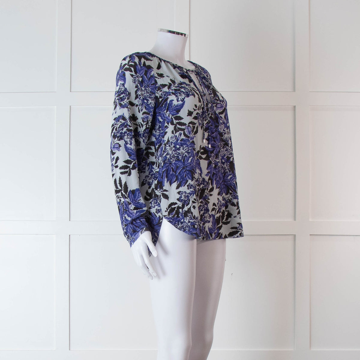 Rebecca Taylor Light Grey Blue Black Floral Print Silk Top