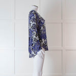 Rebecca Taylor Light Grey Blue Black Floral Print Silk Top