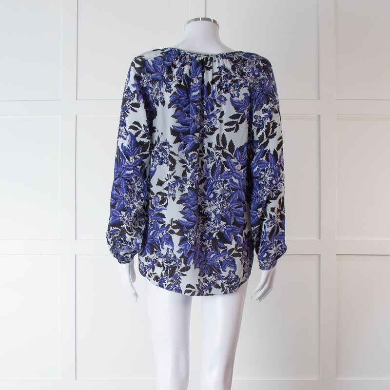 Rebecca Taylor Light Grey Blue Black Floral Print Silk Top