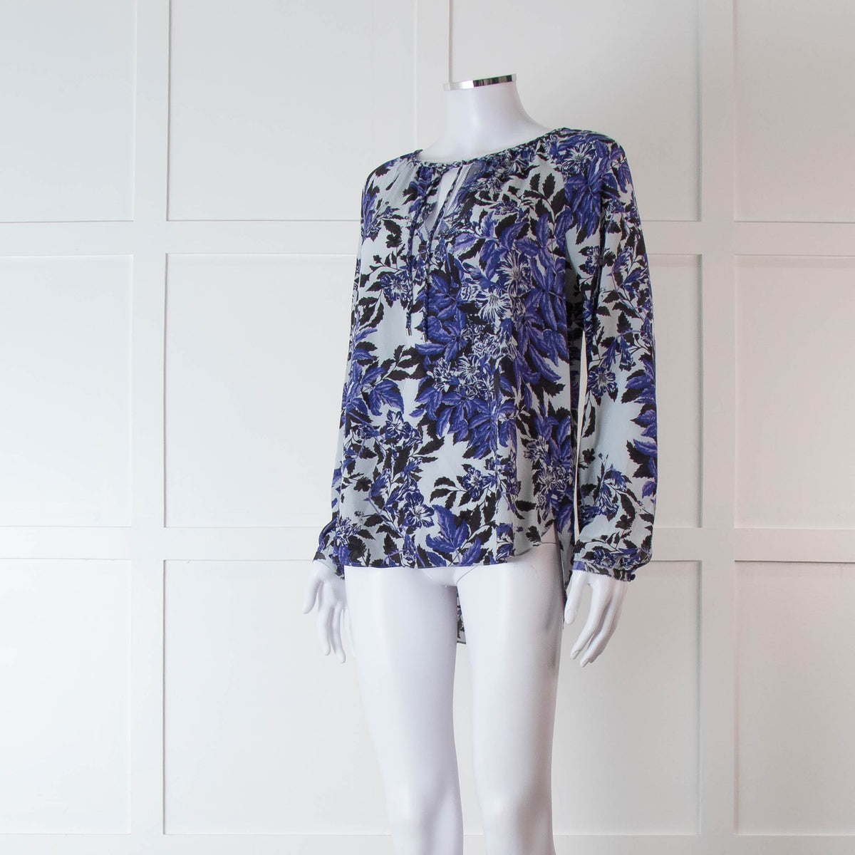 Rebecca Taylor Light Grey Blue Black Floral Print Silk Top
