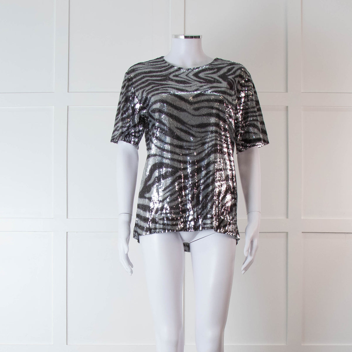 Halpern Silver Zebra Sequinned Short Sleeve Top
