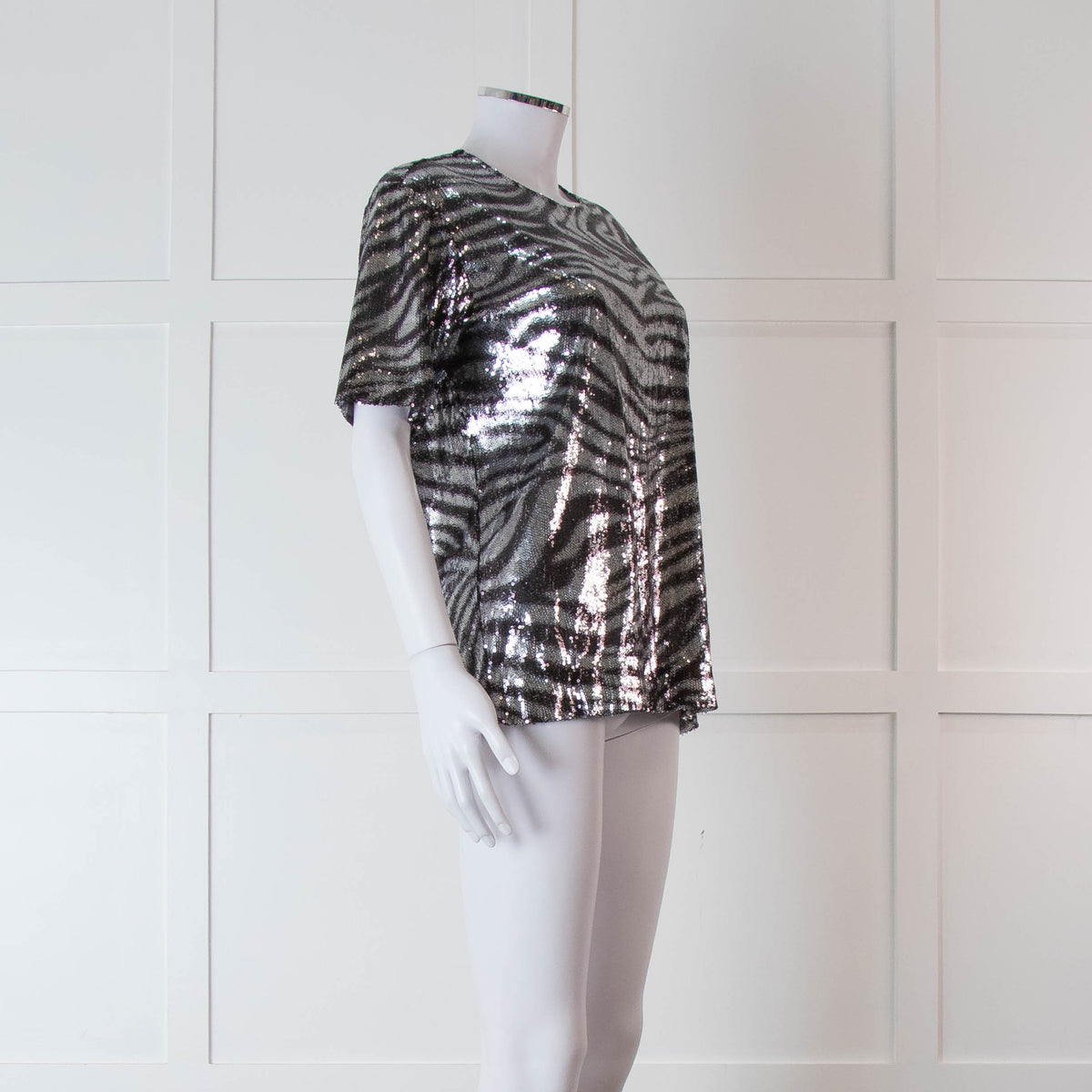 Halpern Silver Zebra Sequinned Short Sleeve Top