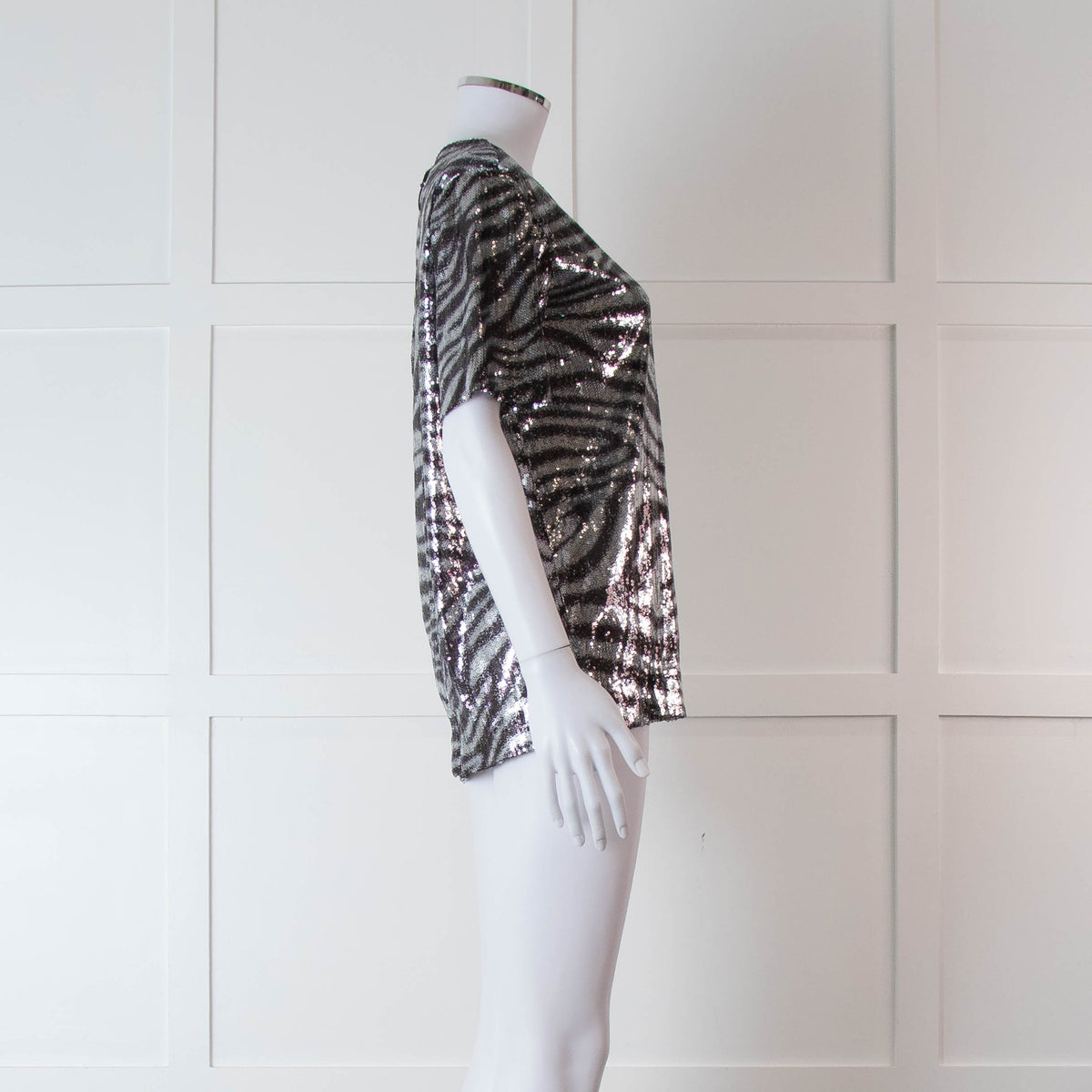 Halpern Silver Zebra Sequinned Short Sleeve Top