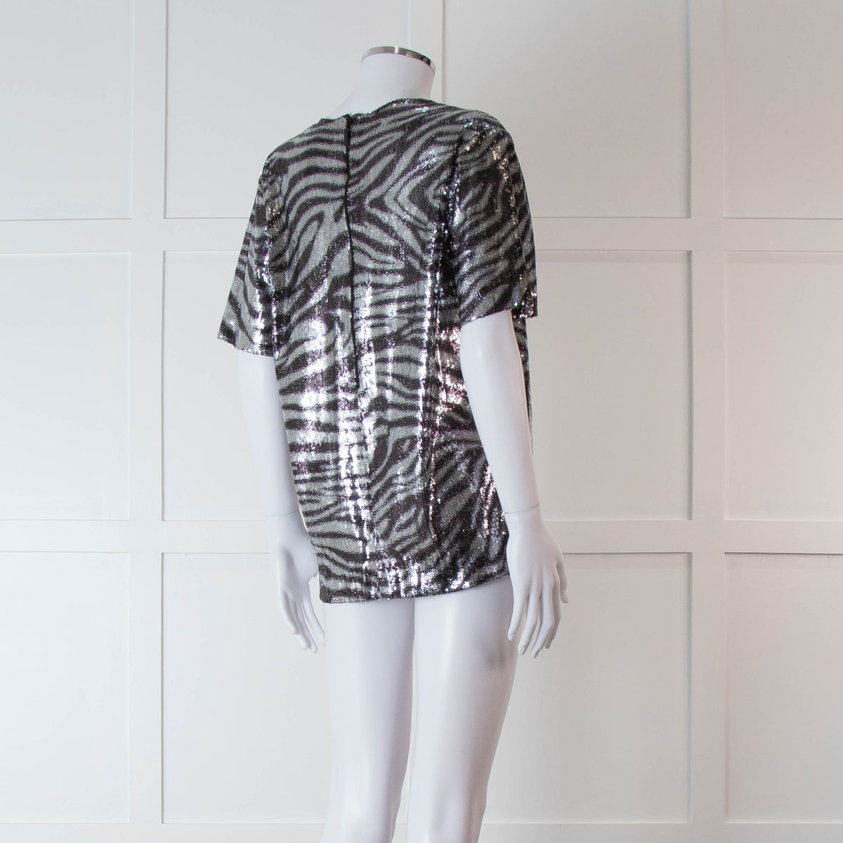 Halpern Silver Zebra Sequinned Short Sleeve Top