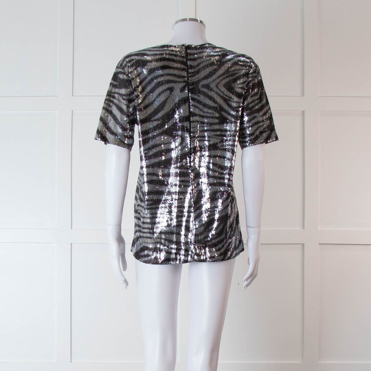 Halpern Silver Zebra Sequinned Short Sleeve Top