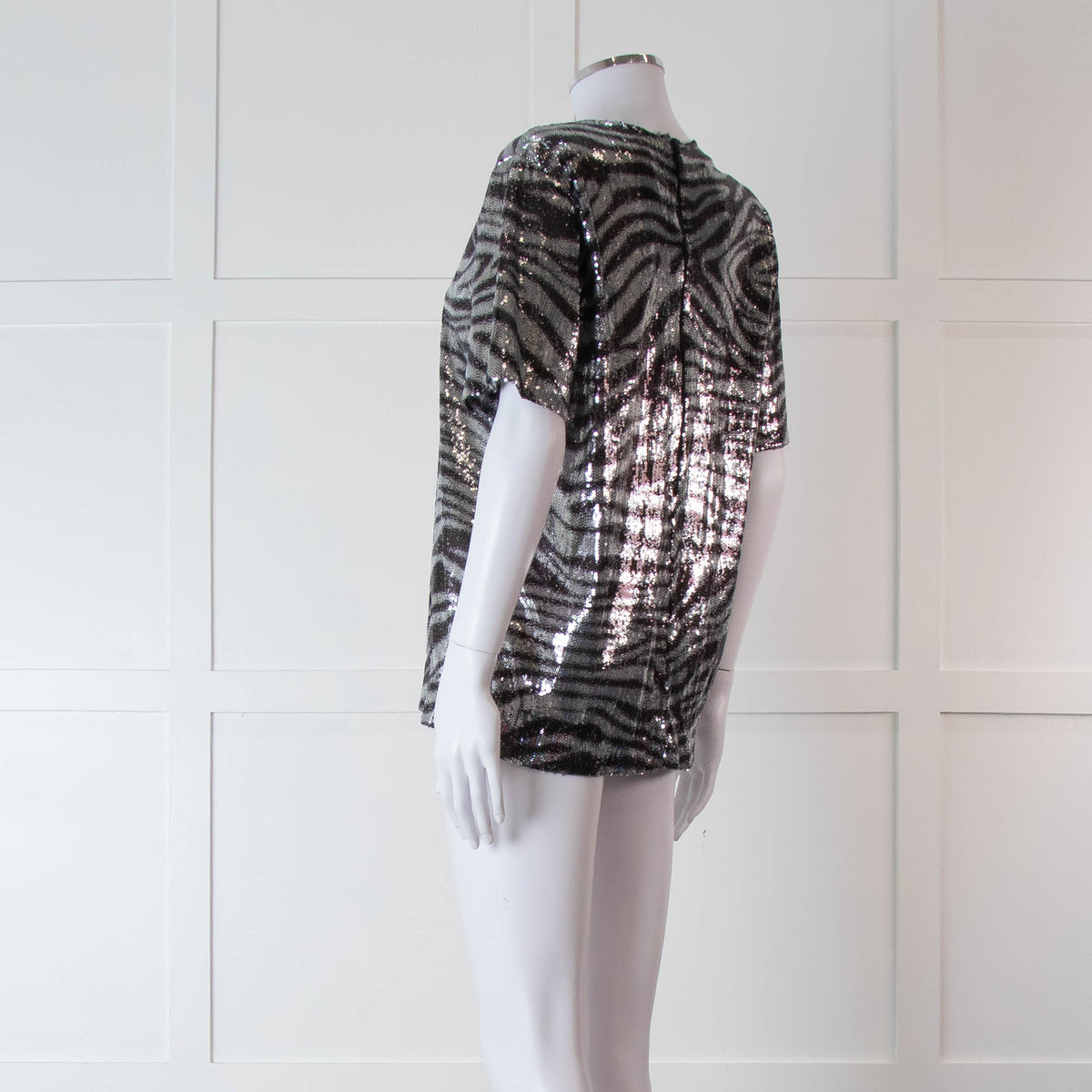 Halpern Silver Zebra Sequinned Short Sleeve Top