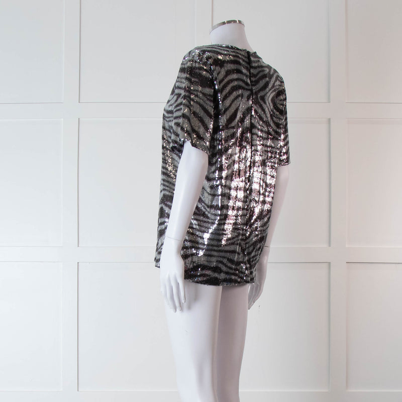 Halpern Silver Zebra Sequinned Short Sleeve Top