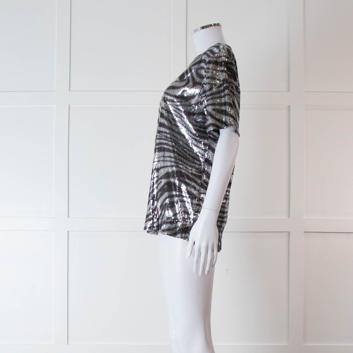 Halpern Silver Zebra Sequinned Short Sleeve Top