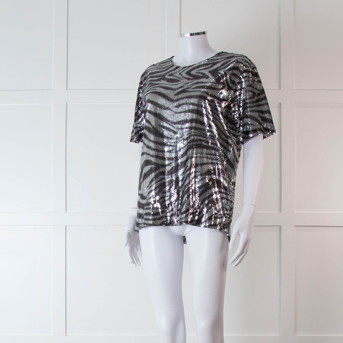 Halpern Silver Zebra Sequinned Short Sleeve Top