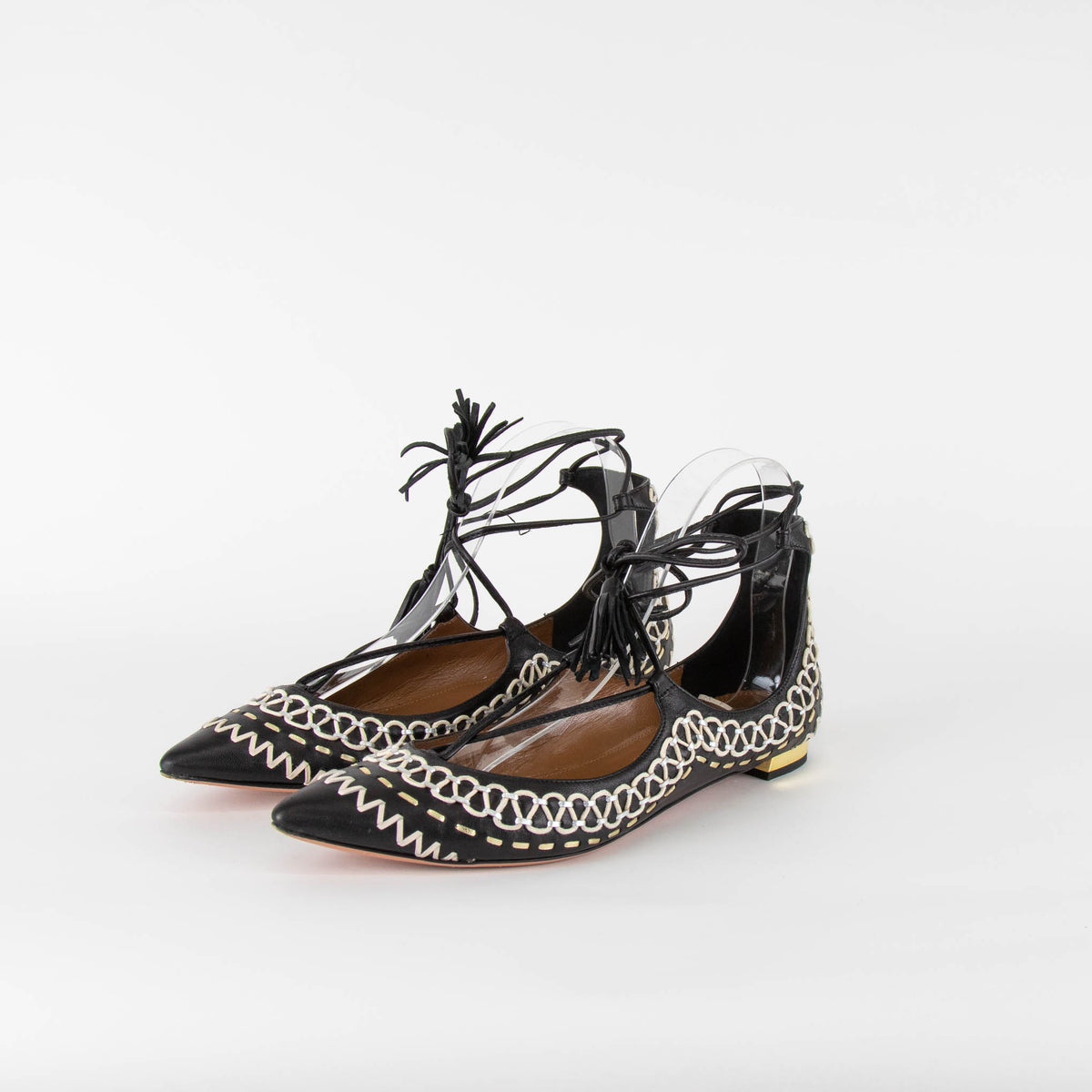 Aquazzura Black White Stitching Lace up Flat Pointy Shoes