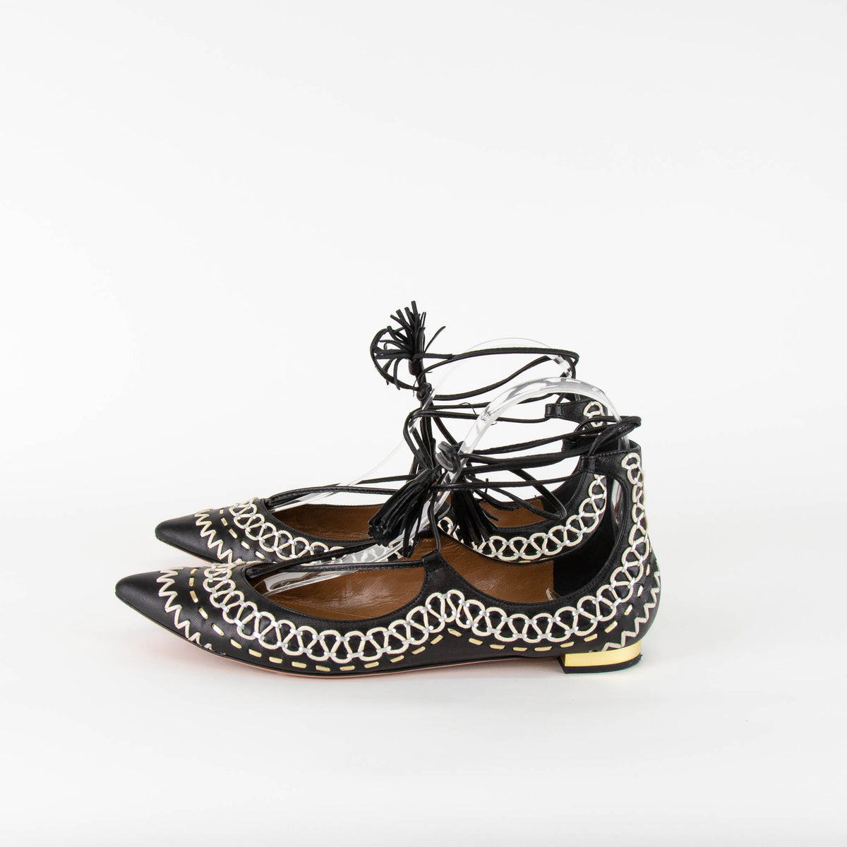 Aquazzura Black White Stitching Lace up Flat Pointy Shoes