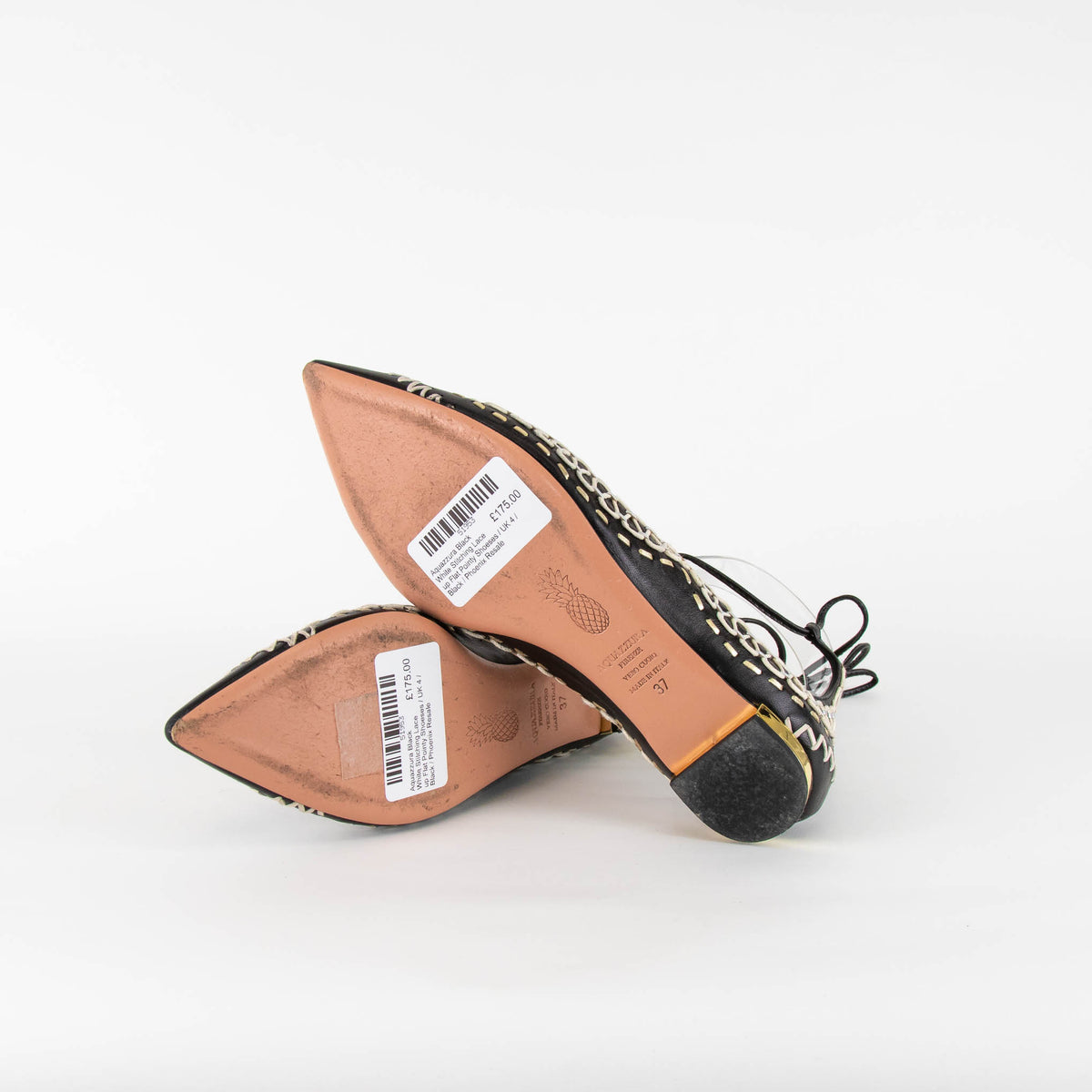 Aquazzura Black White Stitching Lace up Flat Pointy Shoes