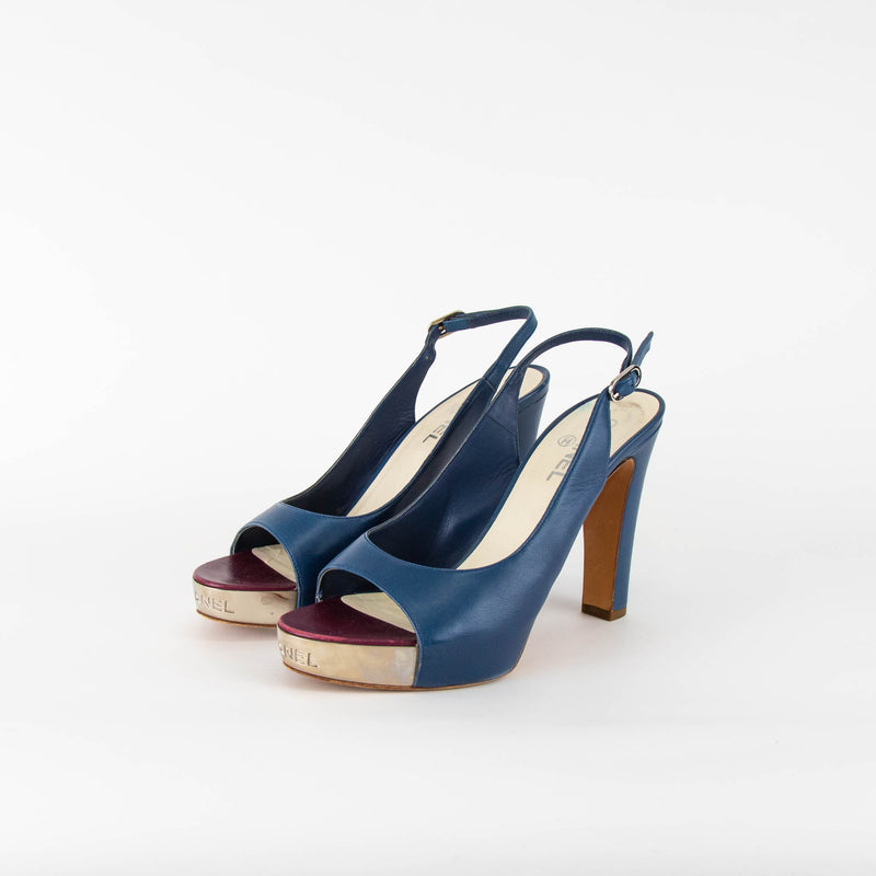 Chanel Blue Silver Platform Chunky Heel Slingbacks