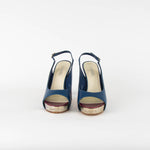 Chanel Blue Silver Platform Chunky Heel Slingbacks