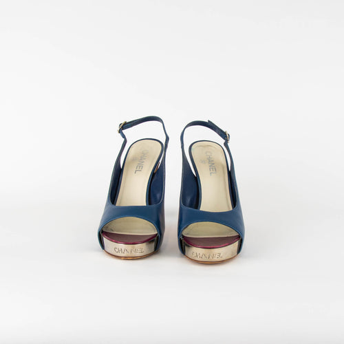 Chanel Blue Silver Platform Chunky Heel Slingbacks