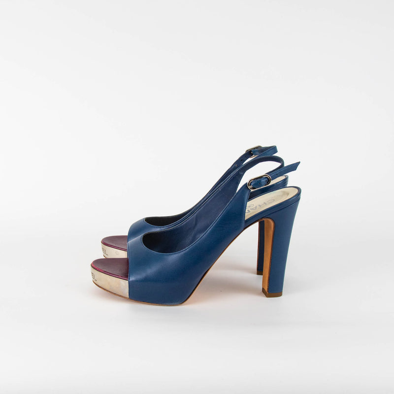 Chanel Blue Silver Platform Chunky Heel Slingbacks