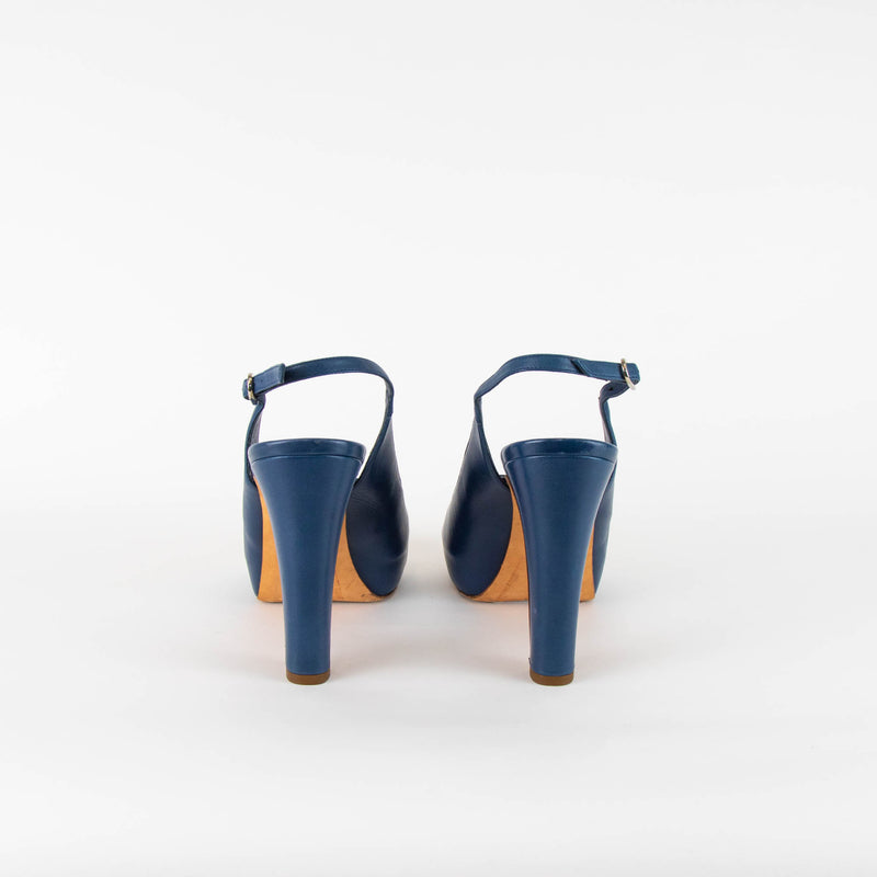 Chanel Blue Silver Platform Chunky Heel Slingbacks