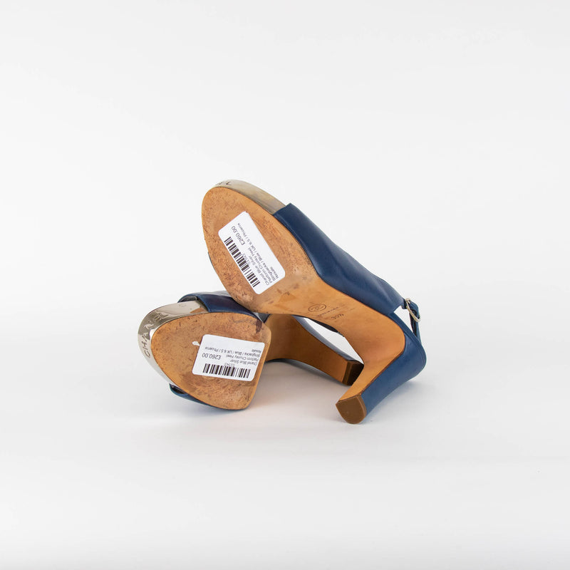 Chanel Blue Silver Platform Chunky Heel Slingbacks