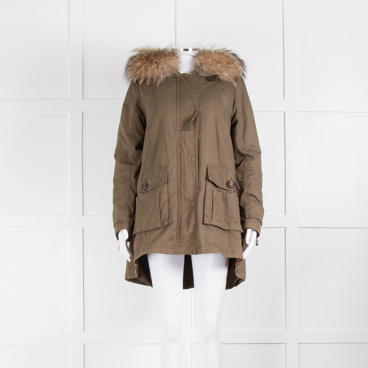 Popski London Khaki Parka With Detachable Lining And Fur Trim Hood