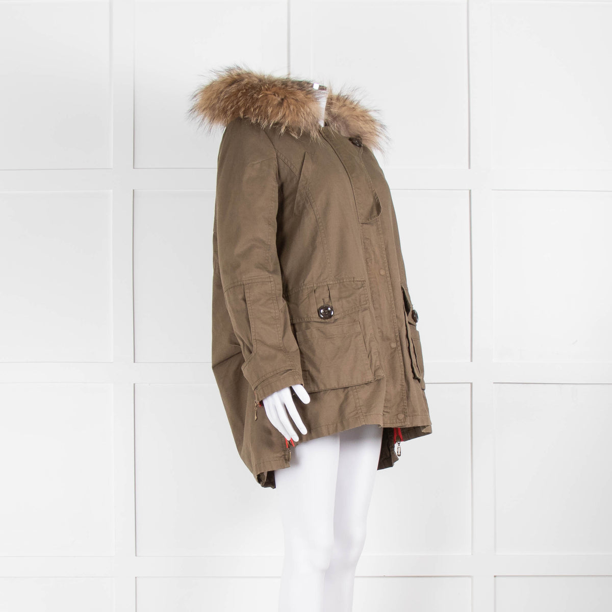 Popski London Khaki Parka With Detachable Lining And Fur Trim Hood