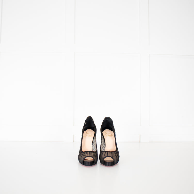 Christian Louboutin Black Satin Chiffon Parisienne Plato 85 Pumps