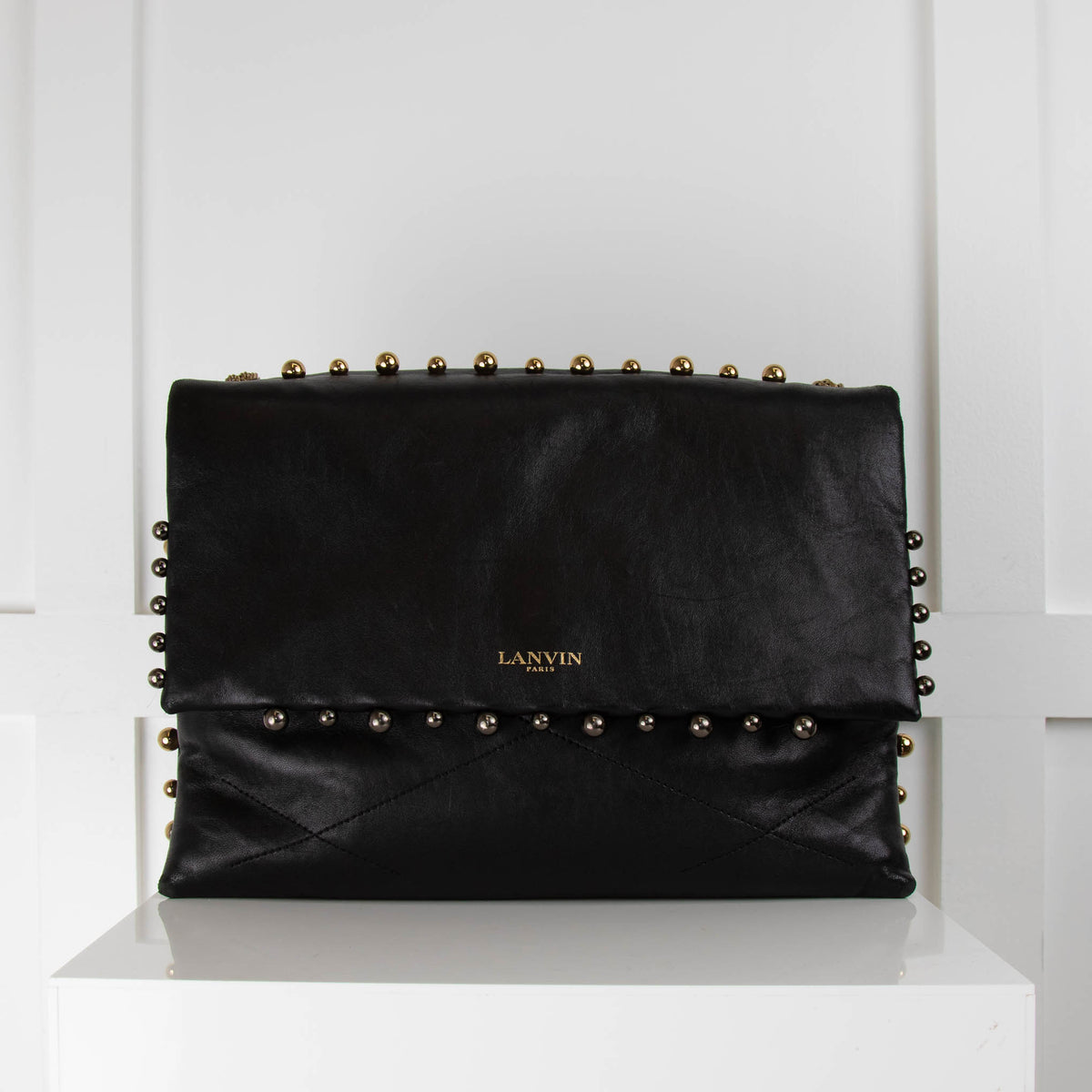 Lanvin Black Sugar Medium Gold Studs Leather Flap Shoulder Bag