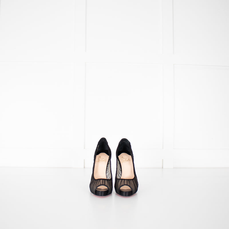 Christian Louboutin Black Satin Chiffon Parisienne Plato 85 Pumps