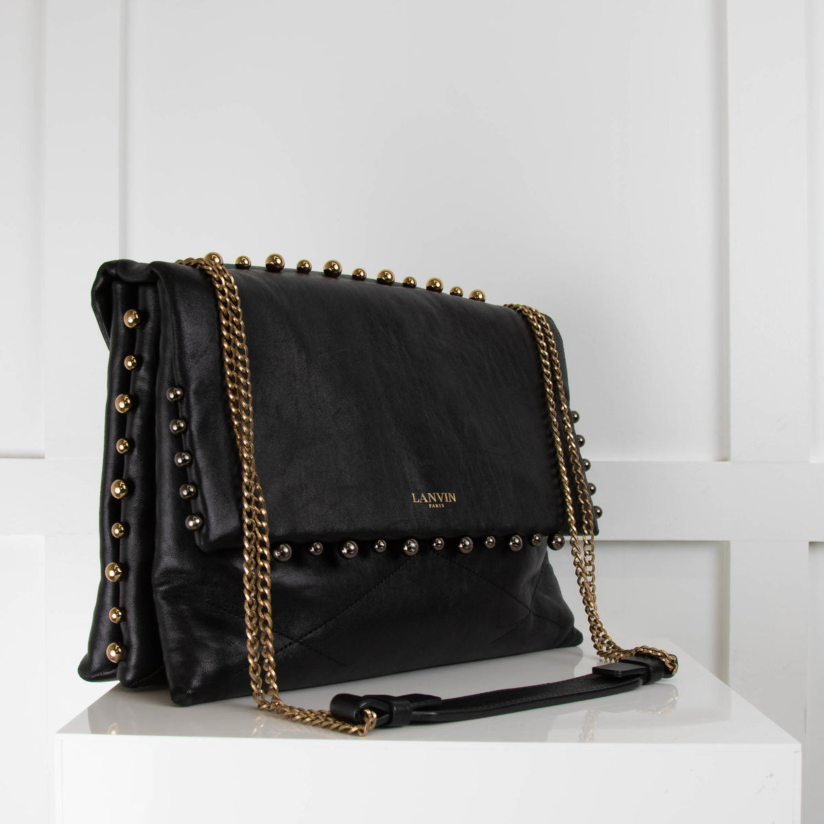 Lanvin Black Sugar Medium Gold Studs Leather Flap Shoulder Bag