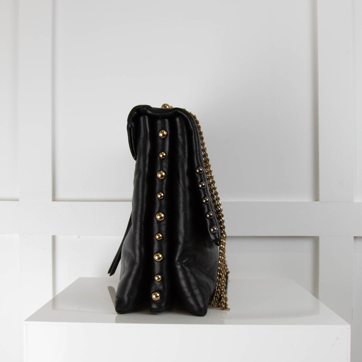 Lanvin Black Sugar Medium Gold Studs Leather Flap Shoulder Bag